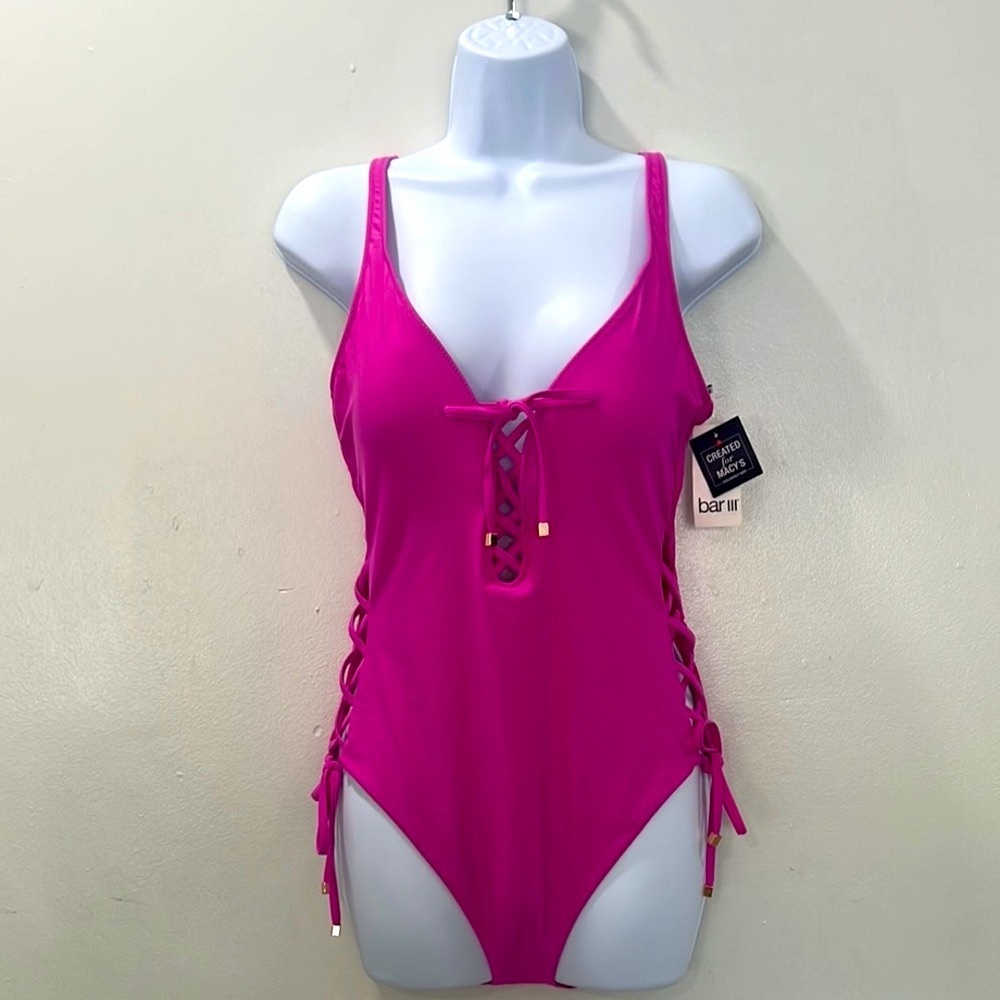Bar III Magenta Lace Up One Piece Swimsuit Medium NWT Plunge Monokini